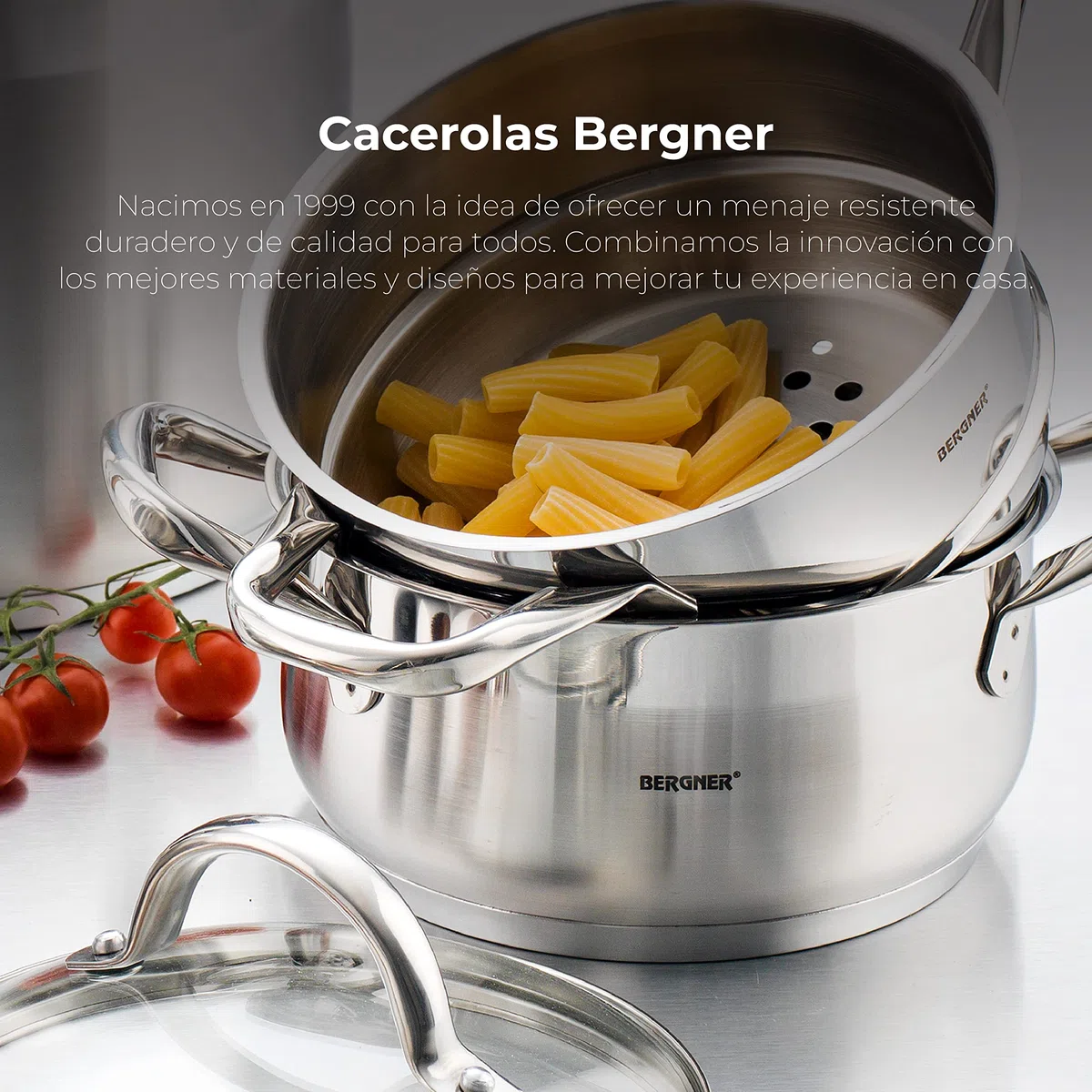 BERGNER Gourmet | Cacerola de Cocina Con Hervidor | Cazuela con Tapa, Hervidor y Capacidad de 2,2L | Acero Inoxidable | Muy Resistente, Fácil de Limpiar y Para Todo Tipo de Cocinas