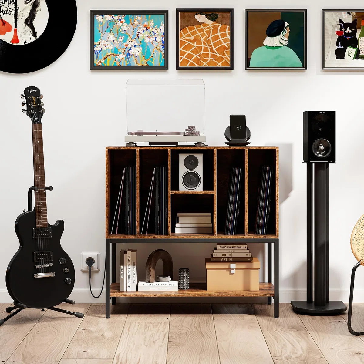 KOMFOTTEU Soporte para Tocadiscos con Estación de Carga, Mueble de Discos de Vinilo con 6 Compartimentos y Estante Abierto, Mesa de Exhibición con Orificio para Cables, 80 x 45 x 79,5 cm (Marrón)