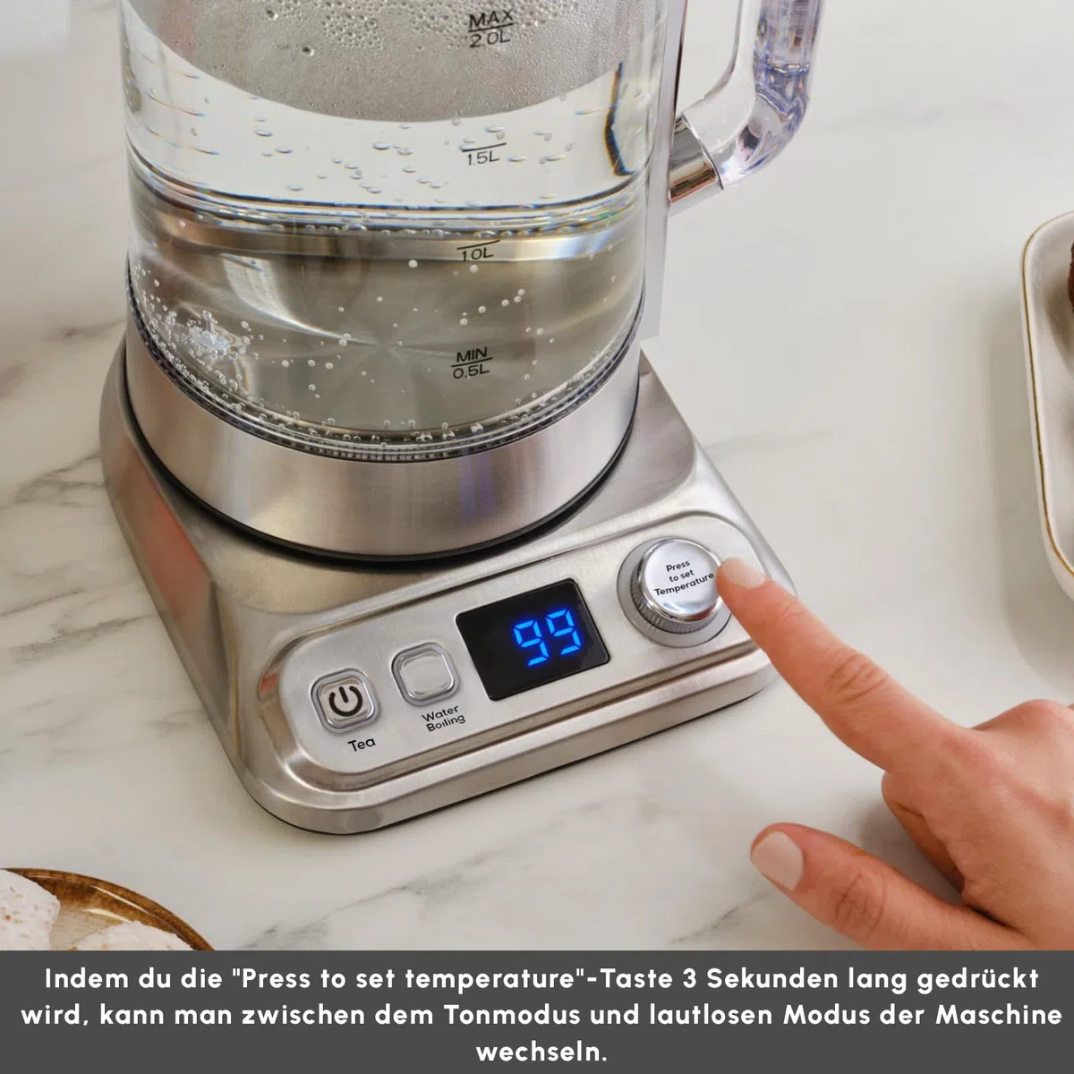 Karaca X Refika XL Tetera automática & Caydanlik, hervidor de agua de 2 L y tetera de cristal de 0,8 l, multitemperatura, modo ecológico, 2200 W, tetera para familia e invitados, cromo