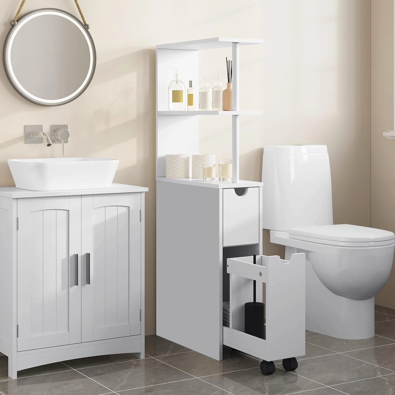 EUGAD Mueble Auxiliar Baño, Armario Baño Estrecho, Columna con 2 Cajones y 2 Estantes, 19 x 45 x 113 cm, Armario Alto para Cocina, Salón, Dormitorio, Blanco 0207WY