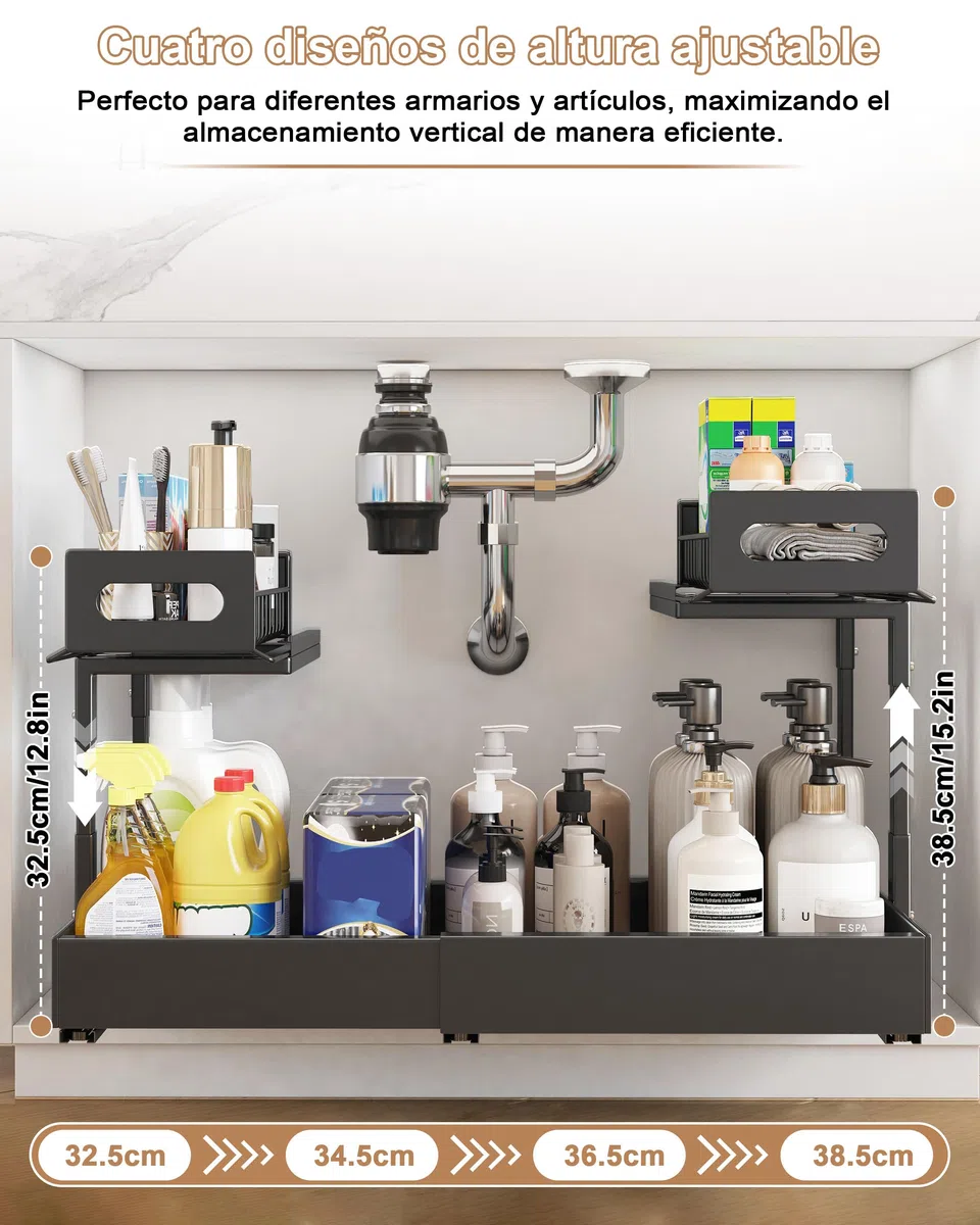 Cajón extraíble Ampliable de Doble Capa, Organizador de Armario extraíble con cajones extraíbles, Altura Ajustable, cajón telescópico extraíble, Negro