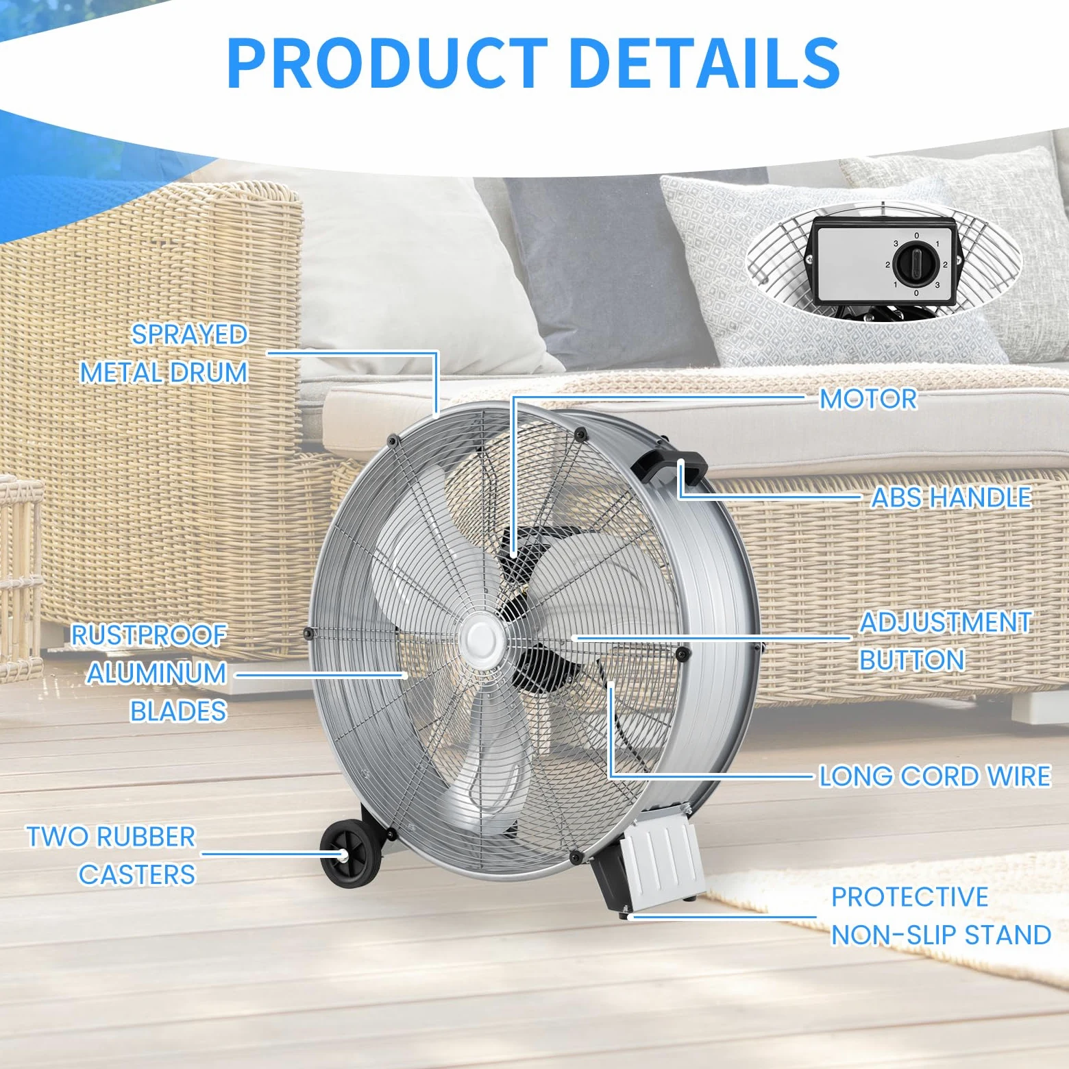 SOARS Ventilador Industrial Ø65cm, 180W, 3 Velocidades - Con Ruedas, Asa Lateral y Soporte Antideslizante - Ideal para Almacén, Taller y Bodega (Plata)