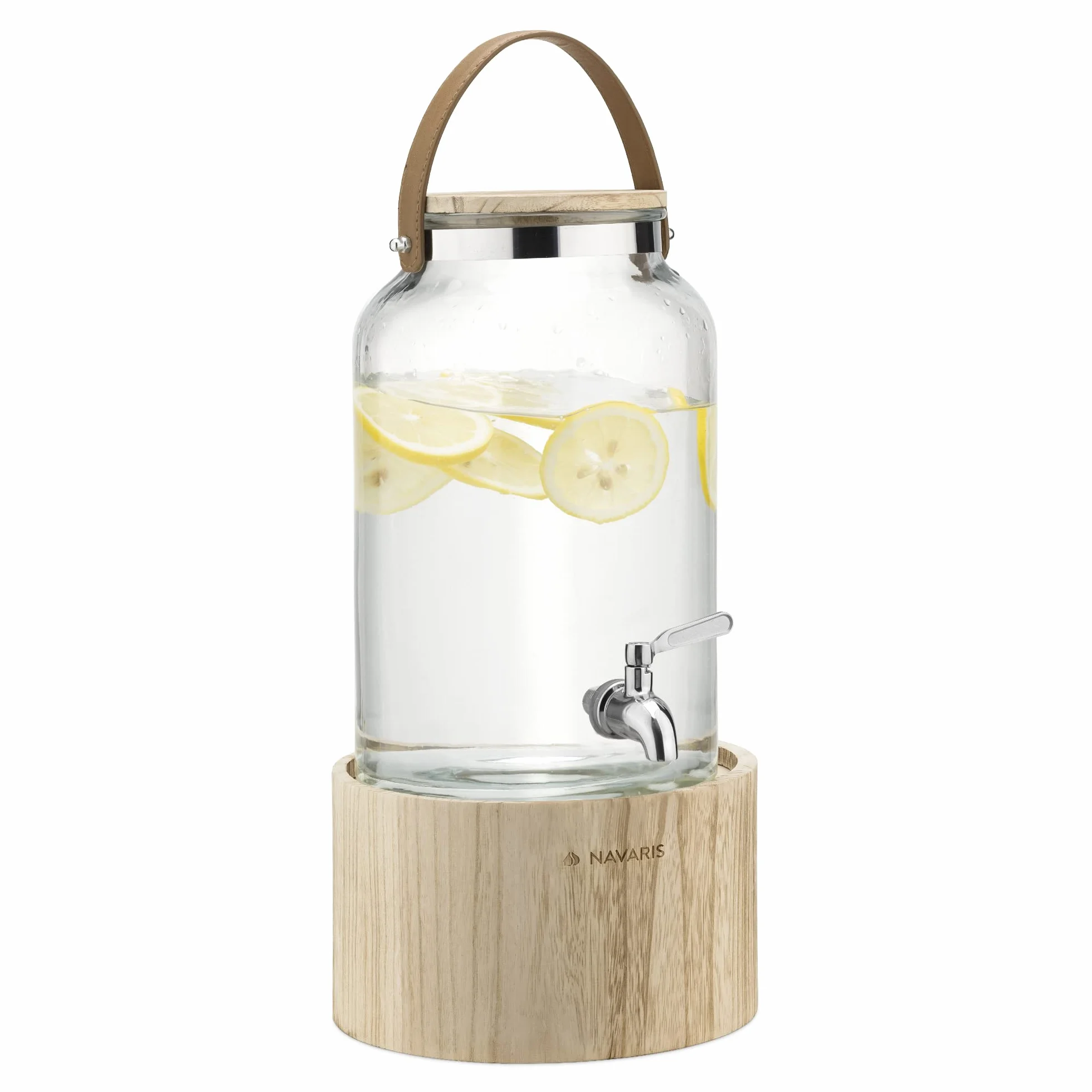 Navaris Dispensador de bebidas - Garrafa de cristal con grifo asa de cuero y soporte de madera - Jarra 5,6 l para agua bebida limonada con dosificador