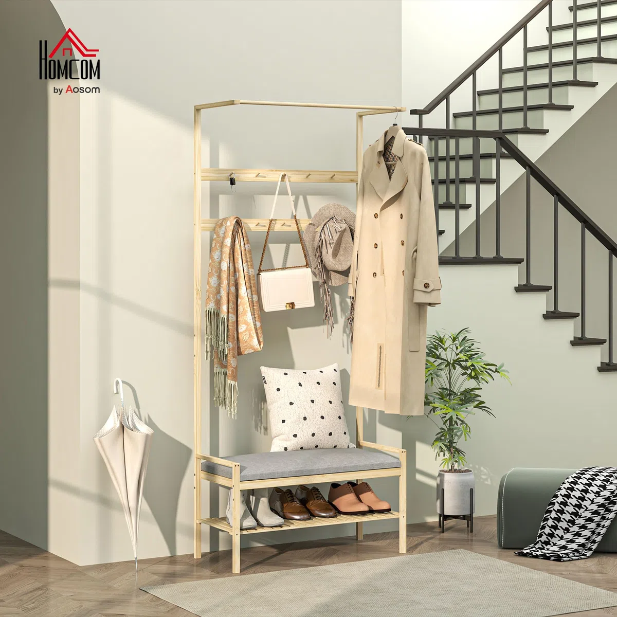 HOMCOM Perchero Zapatero Perchero Entrada Recibidor con 10 Ganchos Banco Zapatero Barra Superior y Compartimento para Pasillo Dormitorio 73,5x34x171 cm Natural
