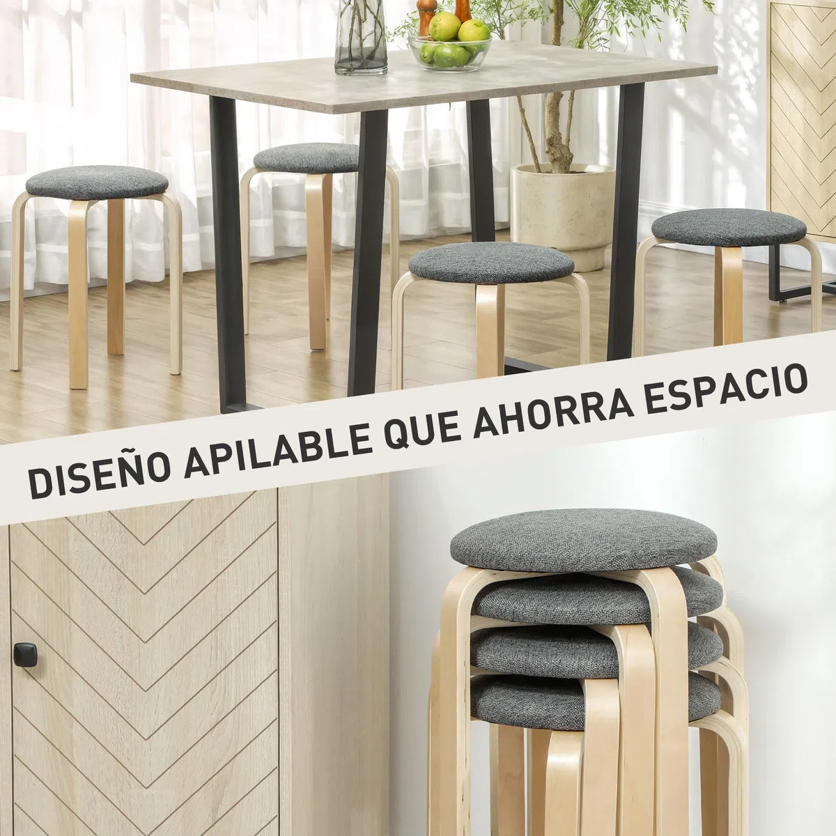 HOMCOM Juego de 4 Taburetes Apilables Redondos Taburetes Bajo de Cocina de Madera con Asiento Acolchado para Comedor Dormitorio Oficina Salón Gris y Natural