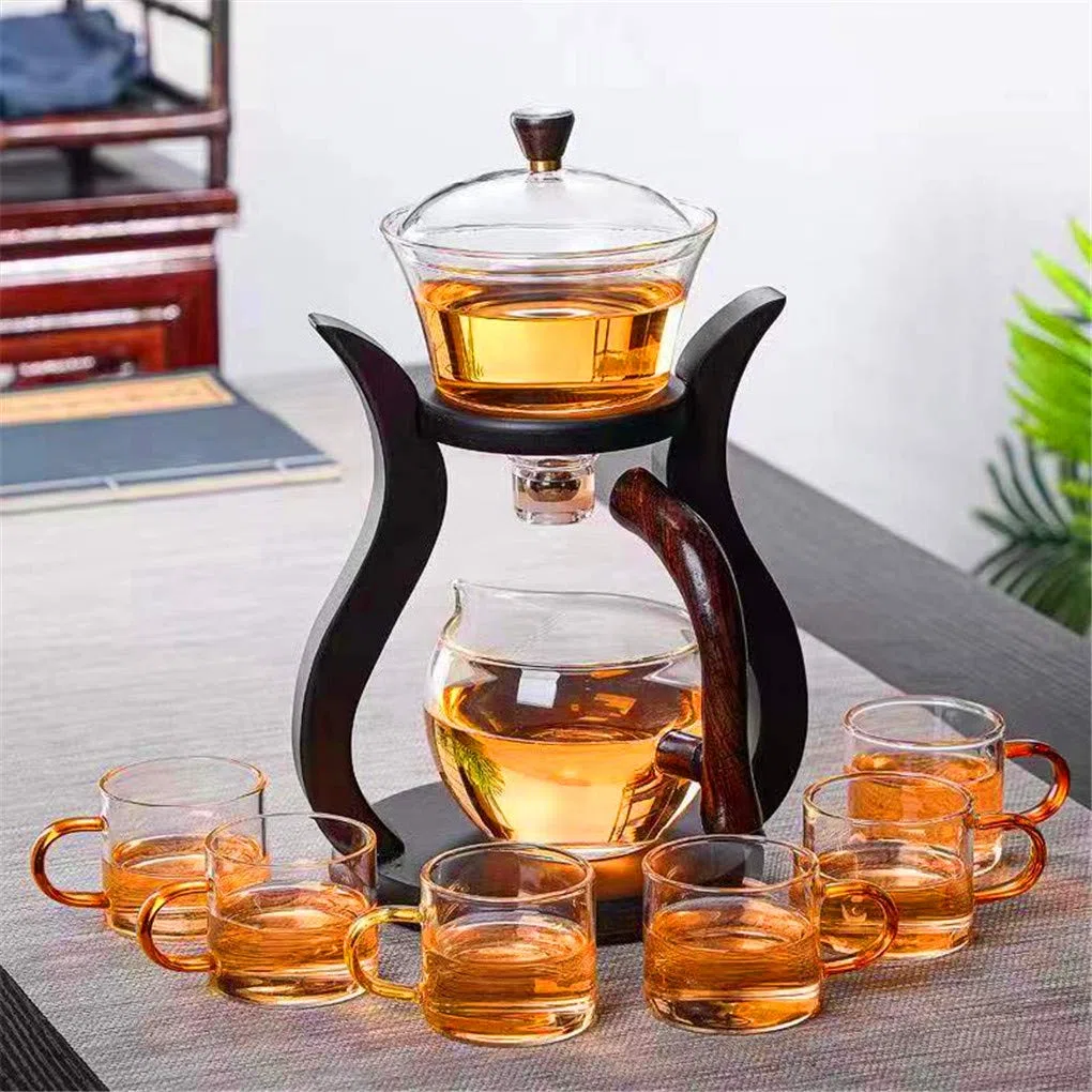 Aoheuo Lazy Kungfu - Juego de té de vidrio con cubierta giratoria de agua semiautomática (madera)