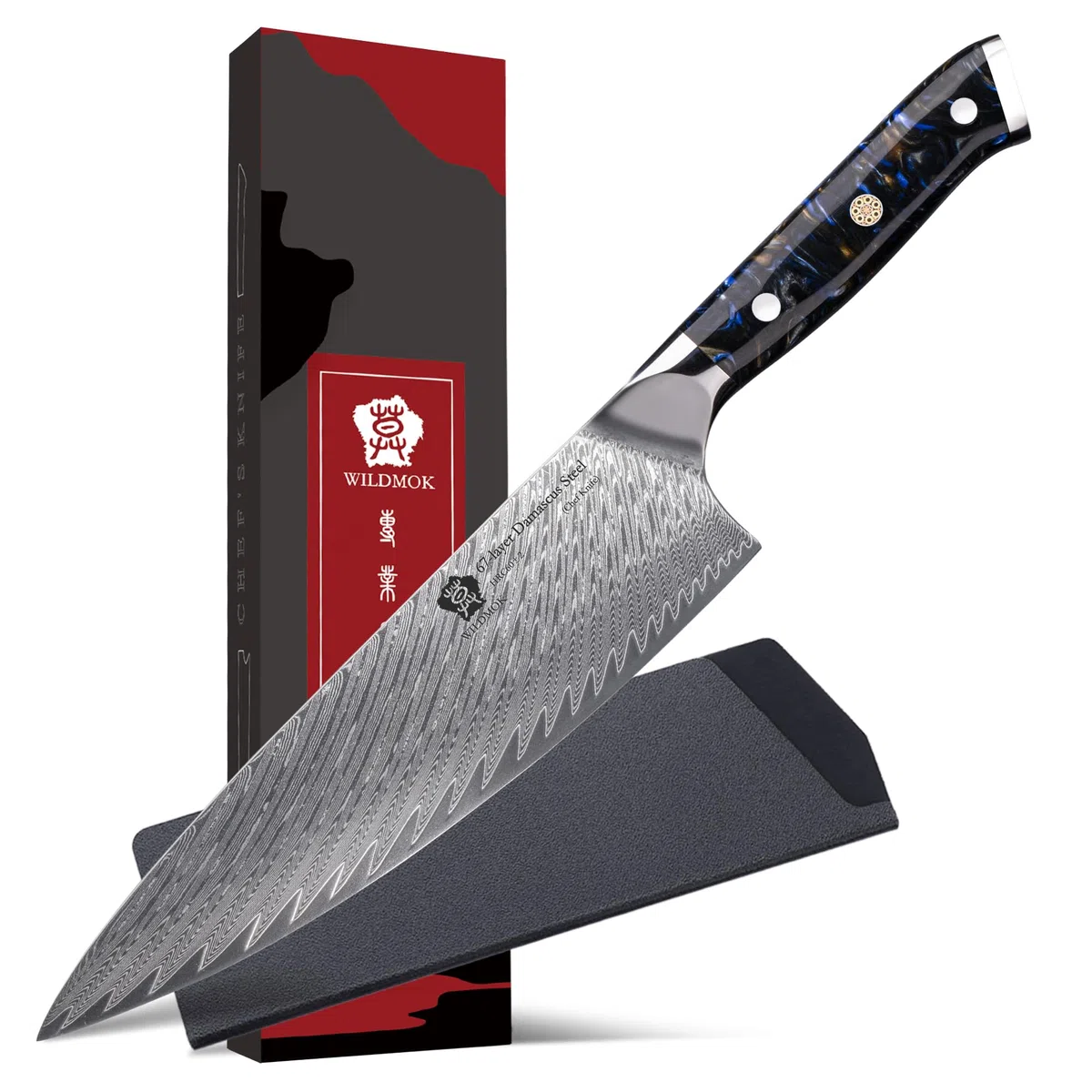 WILDMOK Cuchillo de chef, cuchillo de chef japonés de Damasco de 20 cm, cuchillos de cocina con mango de resina negra de acero VG10 japonés, cuchillos de chef de cocina japonesa de Damasco
