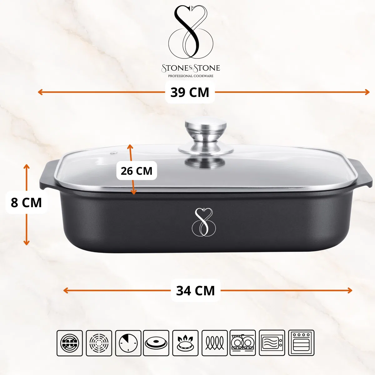 Stone&Stone Fuente para Horno Antiadherente 34x8 cm Rectangular Fuente Lasaña Bandeja Horno con Revestimiento Cerámico Alemán Greblon Apta para Inducción Gas y Horno Sin PFAS PFOA PTFE + Tapa Espátula