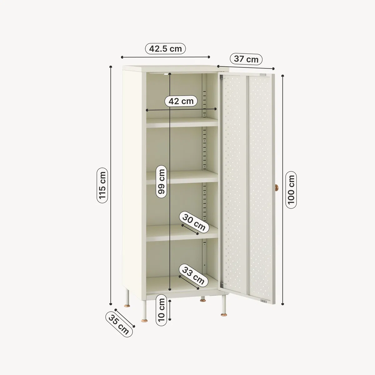 [en.casa] Zapatero Coleraine Armario con 3 Estantes Rebulables en Altura y 1 Puerta Batiente Mueble Zapatero Organizador para Zapatos Multiusos Acero 115 x 43 x 35 cm - Blanco Crema
