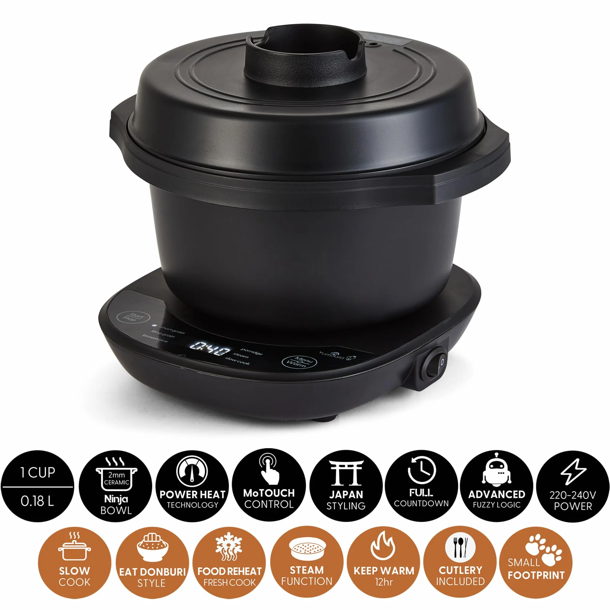Yum Asia Kotori Mini olla de arroz Donburi con lógica difusa avanzada, cuenco de cerámica ninja (1 taza, 0,18l), 3 funciones de arroz, 3 funciones multicocina, pantalla LED, 220–240V (Negro antracita)