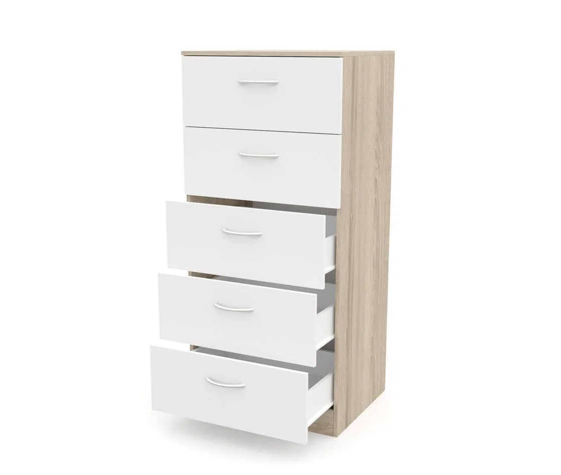 DORMIDAN- Sinfonier 5 cajones guías metálicas, cómoda Dormitorio, Altura 110cm. (Roble cajones Blanco)