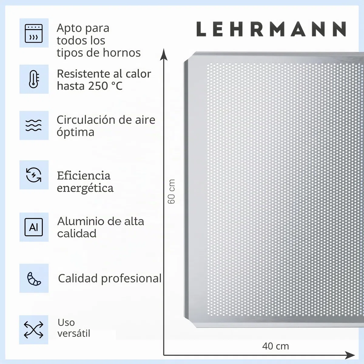 LEHRMANN Placa perforada 60 x 40 cm bandeja para baguette bandeja para horno Compatible con/reemplazo para MIWE WIESHEU
