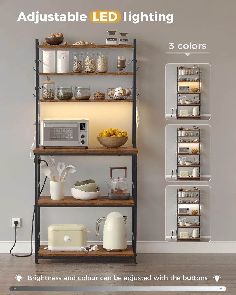 Estantería para panadería, Estante de Cocina, Estante de Panadería con LED, Estante de Pie con Enchufes, Mueble para Microondas, 8 Ganchos en S, para Pasillo, Cocina, Salón, 40 x 80 x 174 cm, Marrón