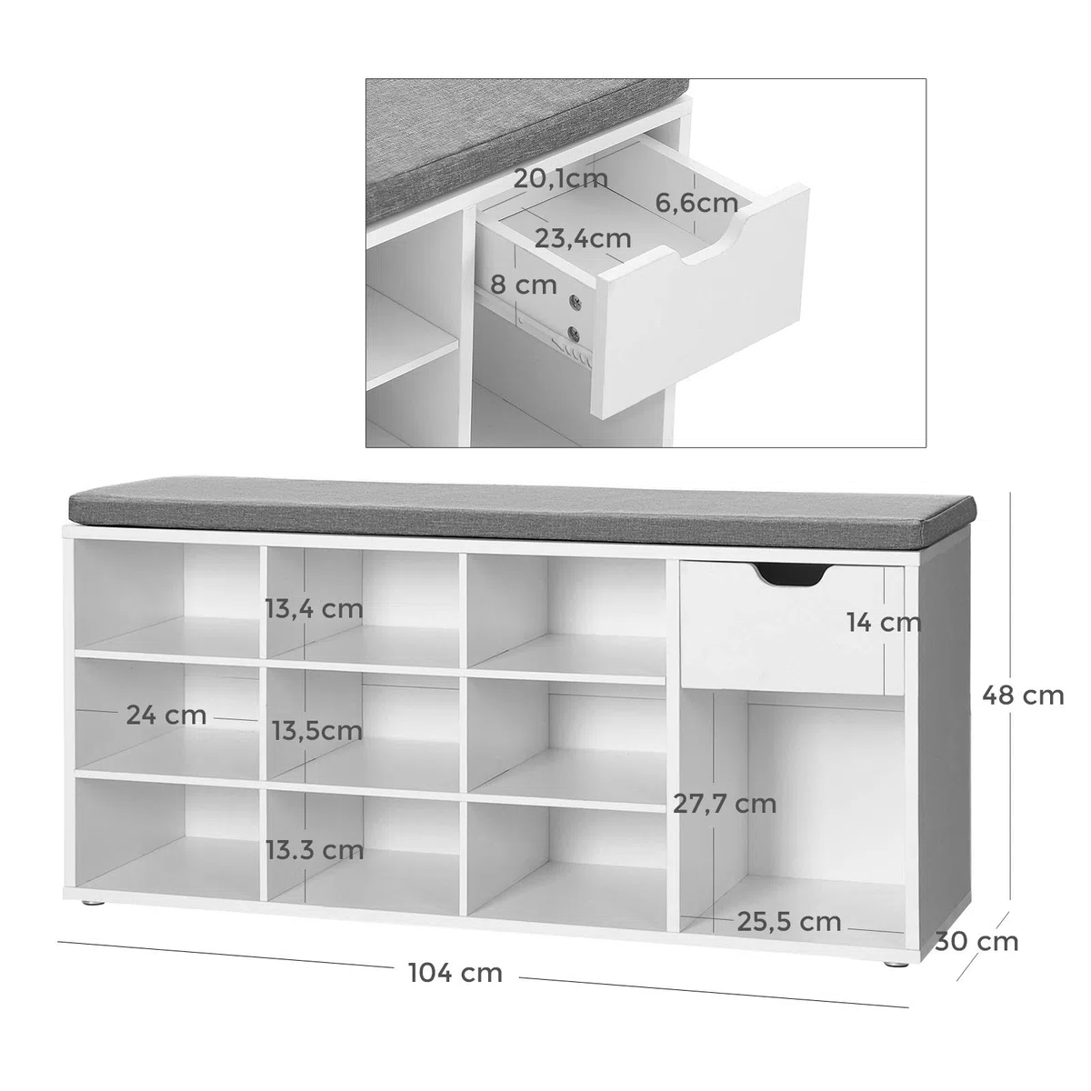 VASAGLE Banco Zapatero, Zapatero con Asiento y Cojín, Banco para Zapatos con Estante, Asiento Acolchado, para Entrada Pasillo Dormitorio, 30 x 104 x 48 cm, Blanco y Gris LHS24WT