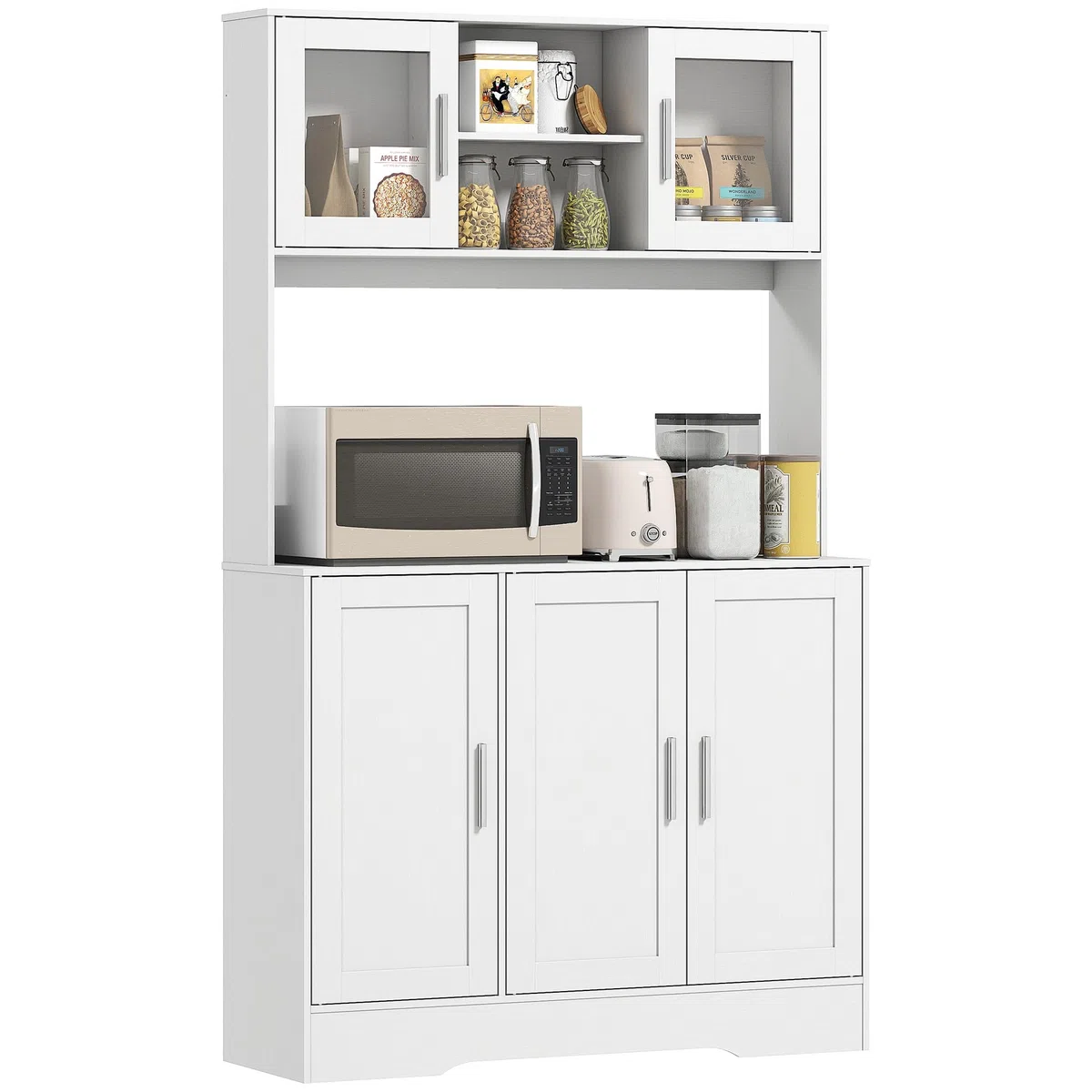 HOMCOM Alacena de Cocina, Mueble Auxiliar de Cocina con 2 Puertas de Vidrio, Encimera Amplia para Microondas, Compartimentos Abiertos, Estantes Ajustables, 108x35x180 cm, Blanco