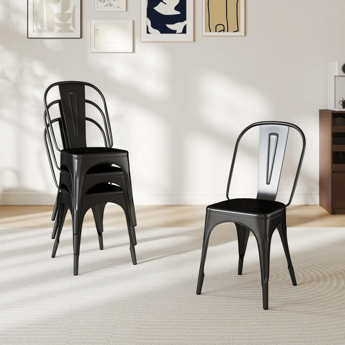 Juego de 8 Sillas de Comedor de Estilo Industrial Retro, Aspecto de Metal, Diseño Apilable, Sillas para Pestaurantes, Bistrós, Cafeterías, Bodas en el Jardín - Negro