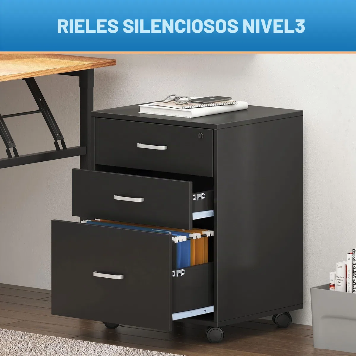 SogesHome Archivador Móvil de Madera con 3 Cajone, Cajonera con Ruedas Armario Cajonera de Oficina con Cerradura