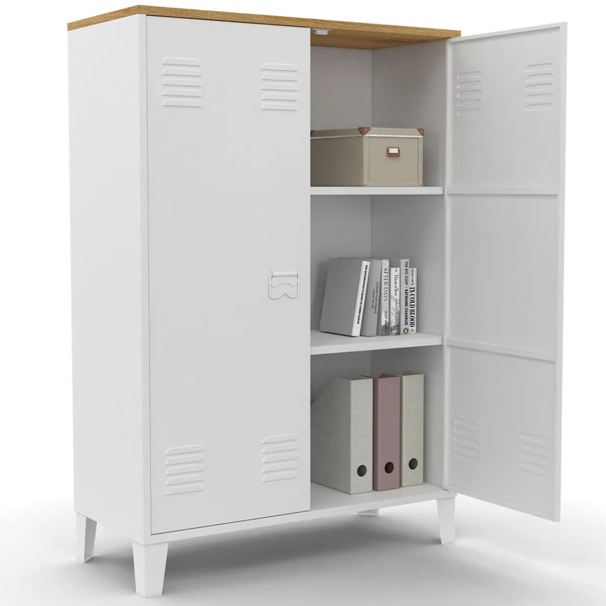 IDMarket - Armario bajo Ester 2 puertas de metal blanco y madera diseño industrial