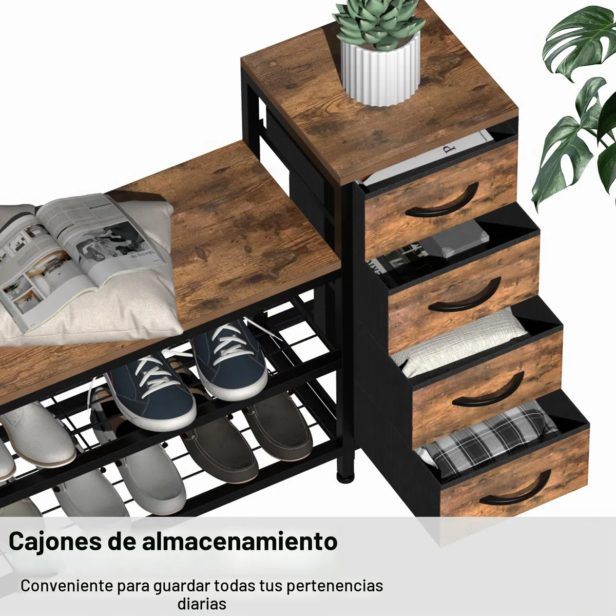 Zapatero de 3 niveles con 4 cajones y asiento con espacio de almacenamiento para pasillo, entrada, salón o pasillo, marco de metal y superficie de madera