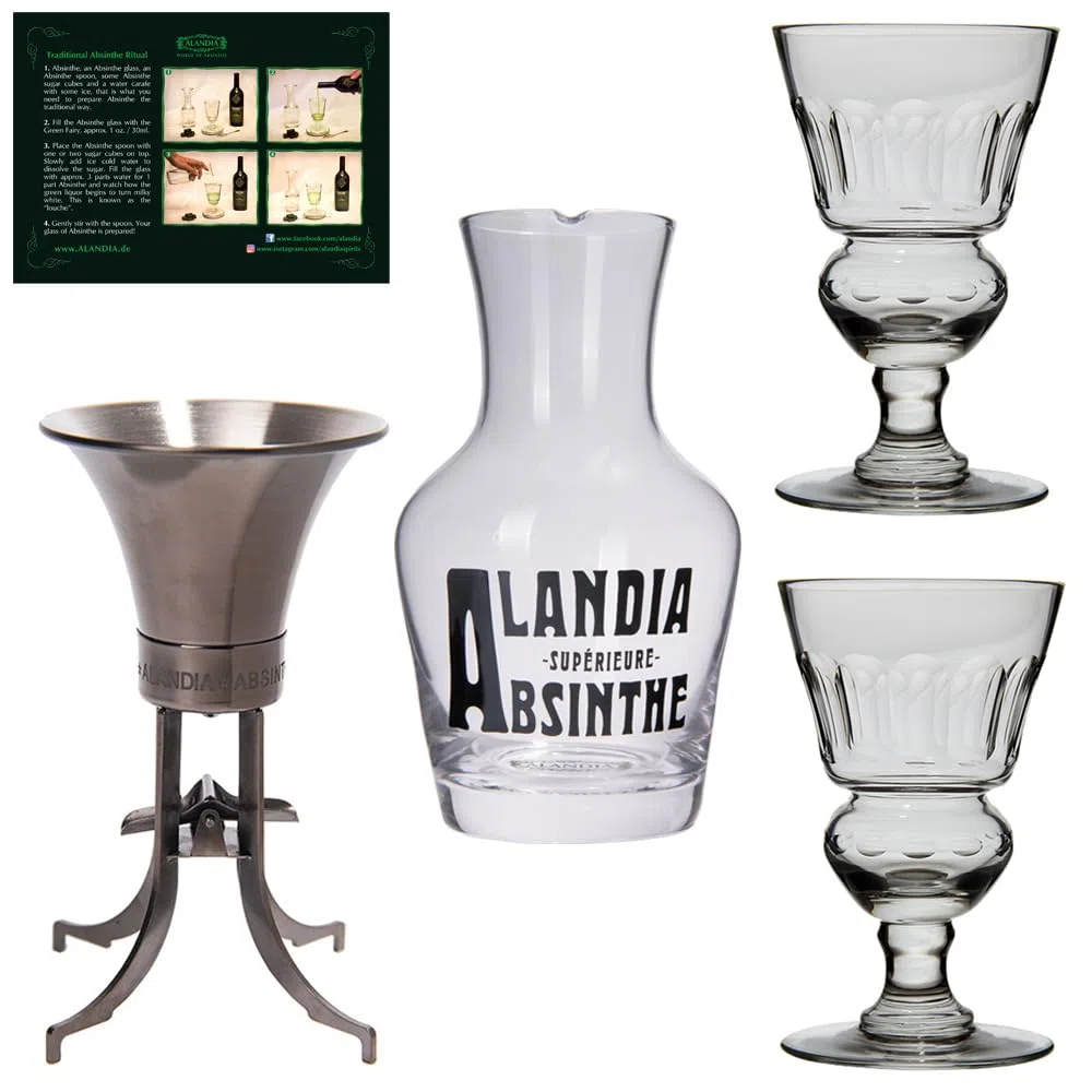 Juego de Accesorios de Absenta | 1 Gotero Equilibrador 1 Jarra de Agua y 2 Vasos de Absenta | Original como en el siglo 19
