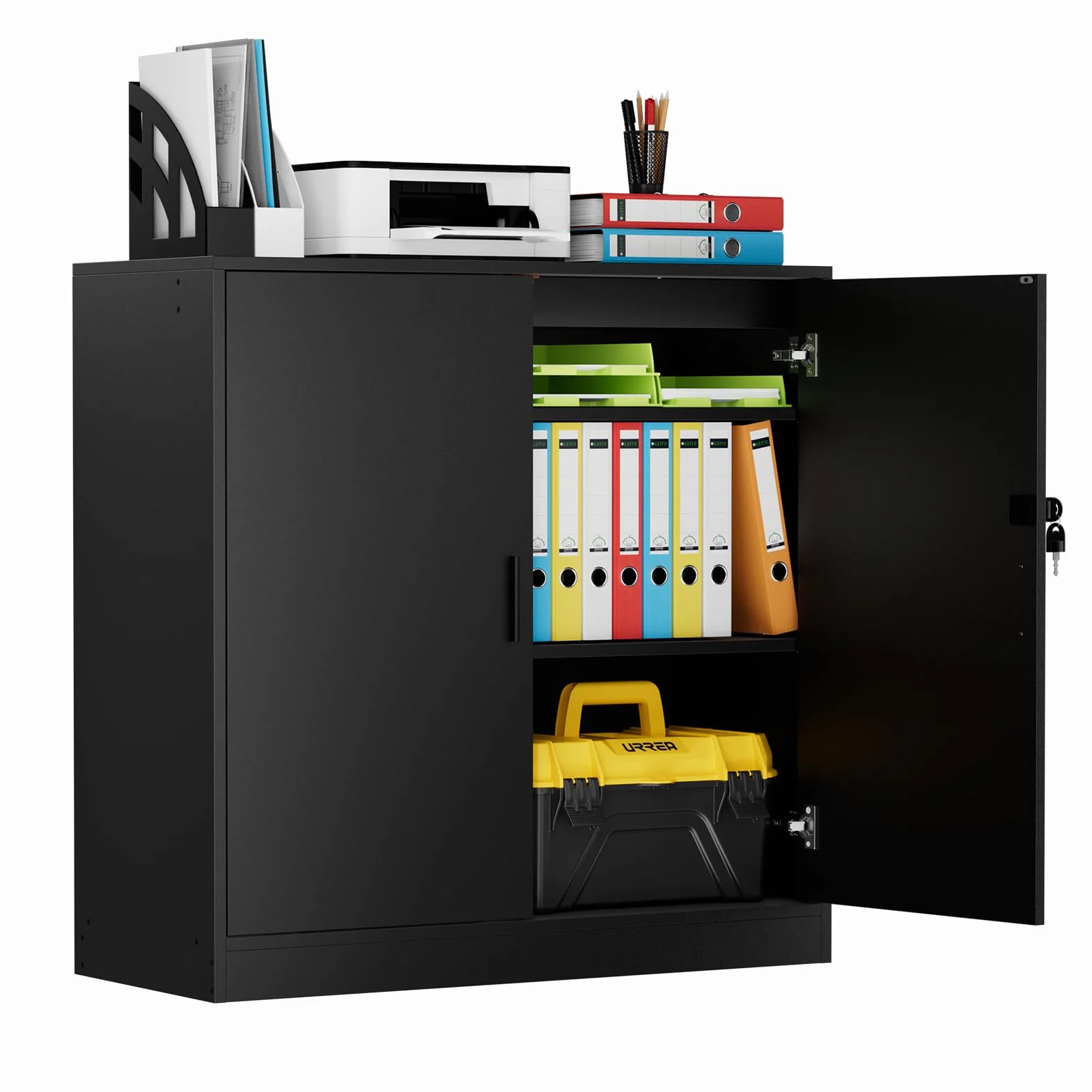 buybyroom Armario Oficina con Llave, Armario Multiusos Almacenaje para Cocina Archivador Oficina Dormitorio Garaje Herramientas y Salon, Baldas Ajustable, 2 Puertas, 87 cm Fondo, Negro