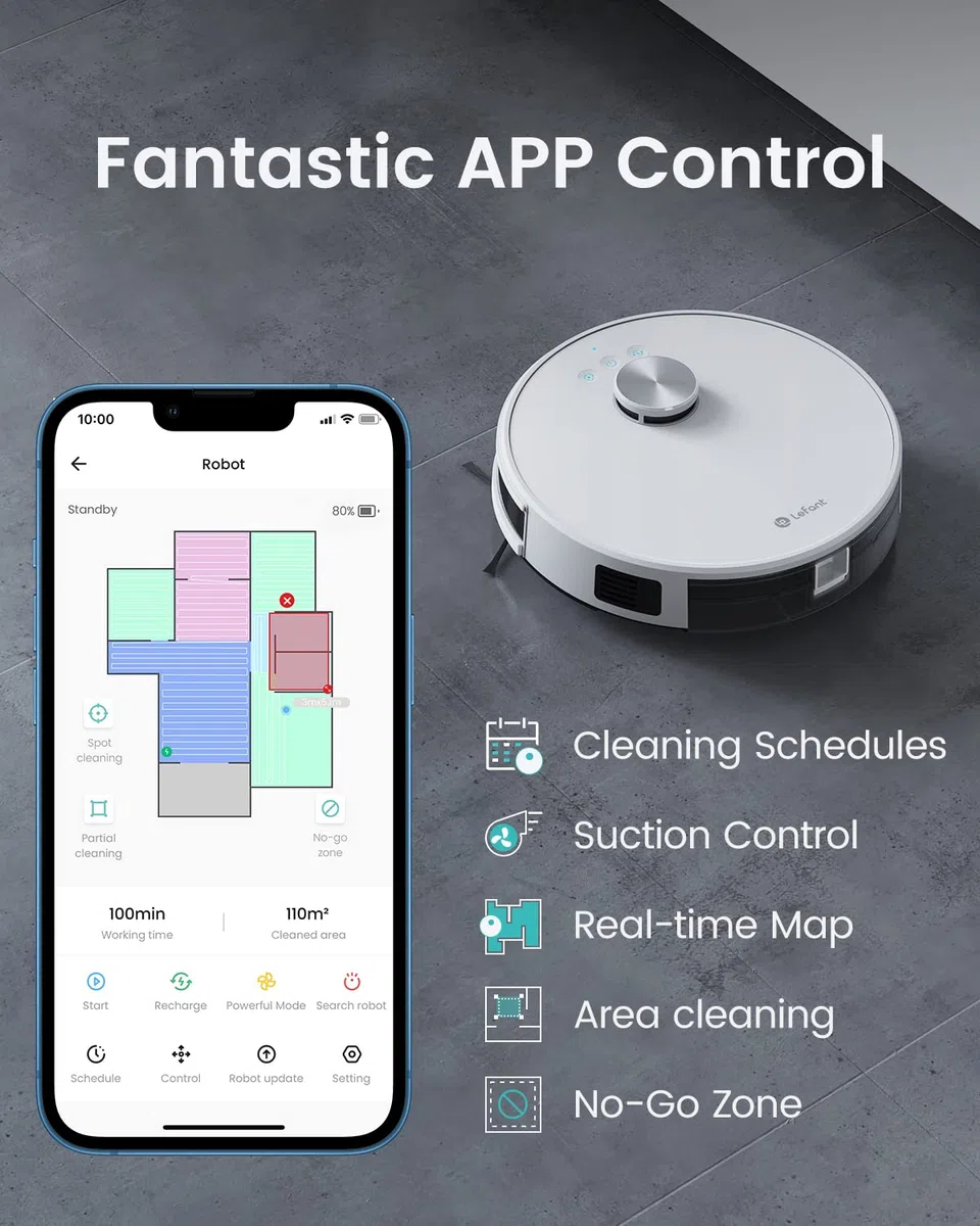 Lefant M1 Robot Aspirador y Fregasuelos con Exacto Mapeo Lidar (LDS), Robot Aspirador Succión de 4000 Pa, Batería de 4000 mAh, Gestión de Estancias, Control Mando/App/Alexa, Tanque de ólidos y Mixto