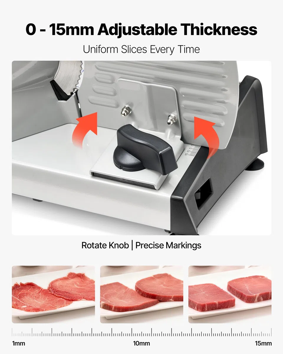 VEVOR Cortafiambres Eléctrico 200 W, Cortadora de Fiambre con Cuchilla Afilada de 190 mm, Velocidad de Corte de 70 a 100 RPM, Grosor Ajustable de 0 a 15 mm, para Carne Congelada, Jamón, Baguette