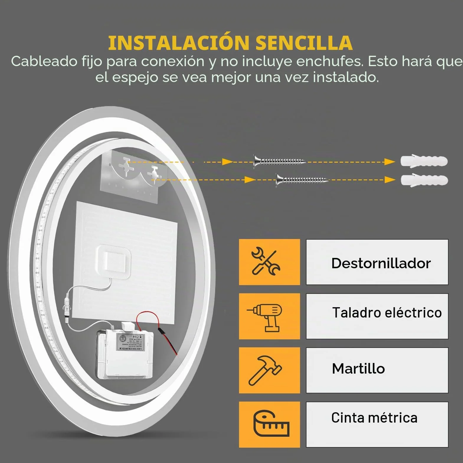 Sararoom Espejo Baño con Luz 60cm, Luces de Baño Espejos de Pared con Reloj, Función Antivaho, 3000K/4000K/6500K, Regulable, Memoria, Cristal Templado HD, IP44 Espejos de Tocador LED Retroiluminado
