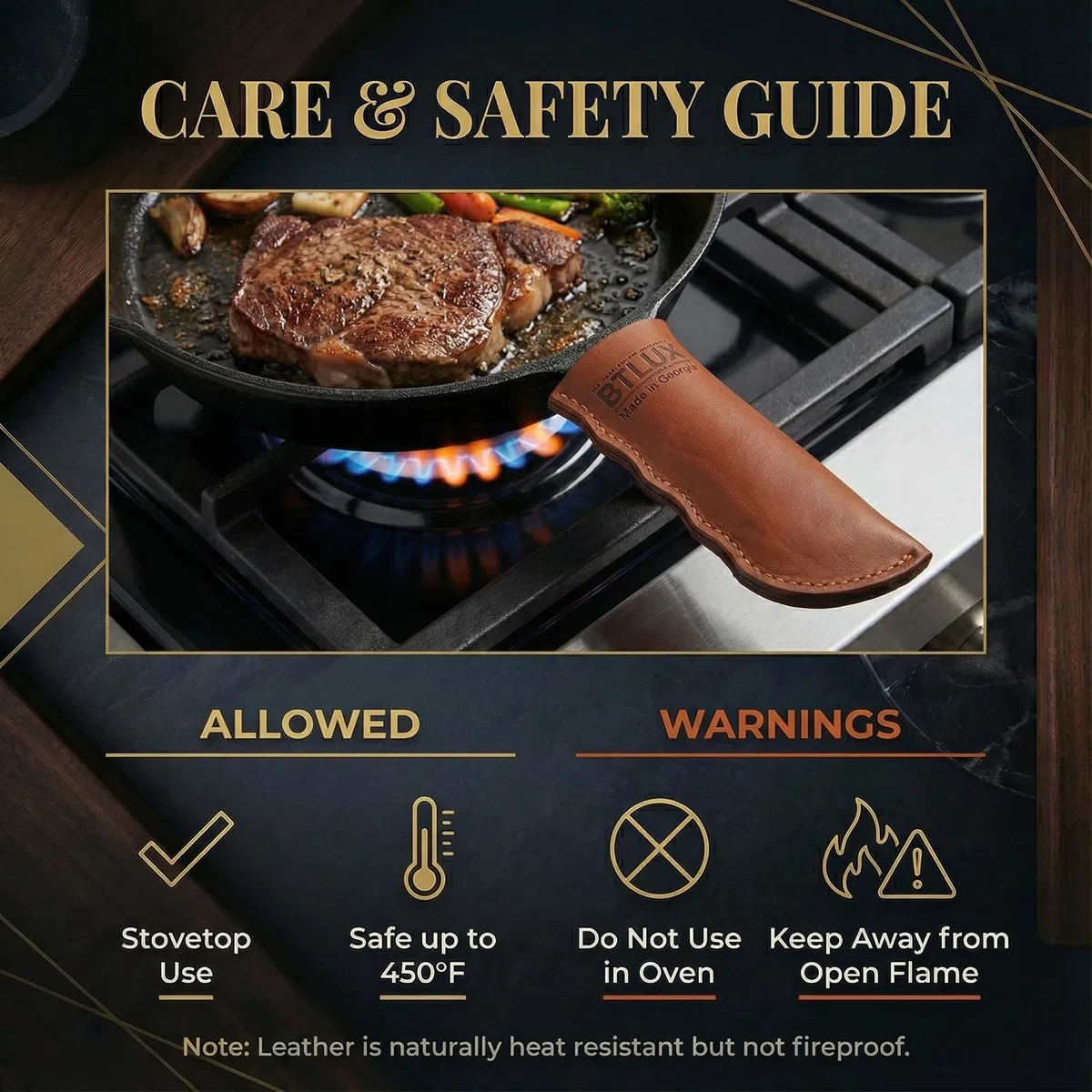 Nyota Juego de 2 Soportes de Cuero para Mango Caliente, Fundas de Mango de Cuero Grueso Hechas a Mano para sartenes y ollas de Hierro Fundido, Funda de Mango 100% Resistente al Calor, Color marrón