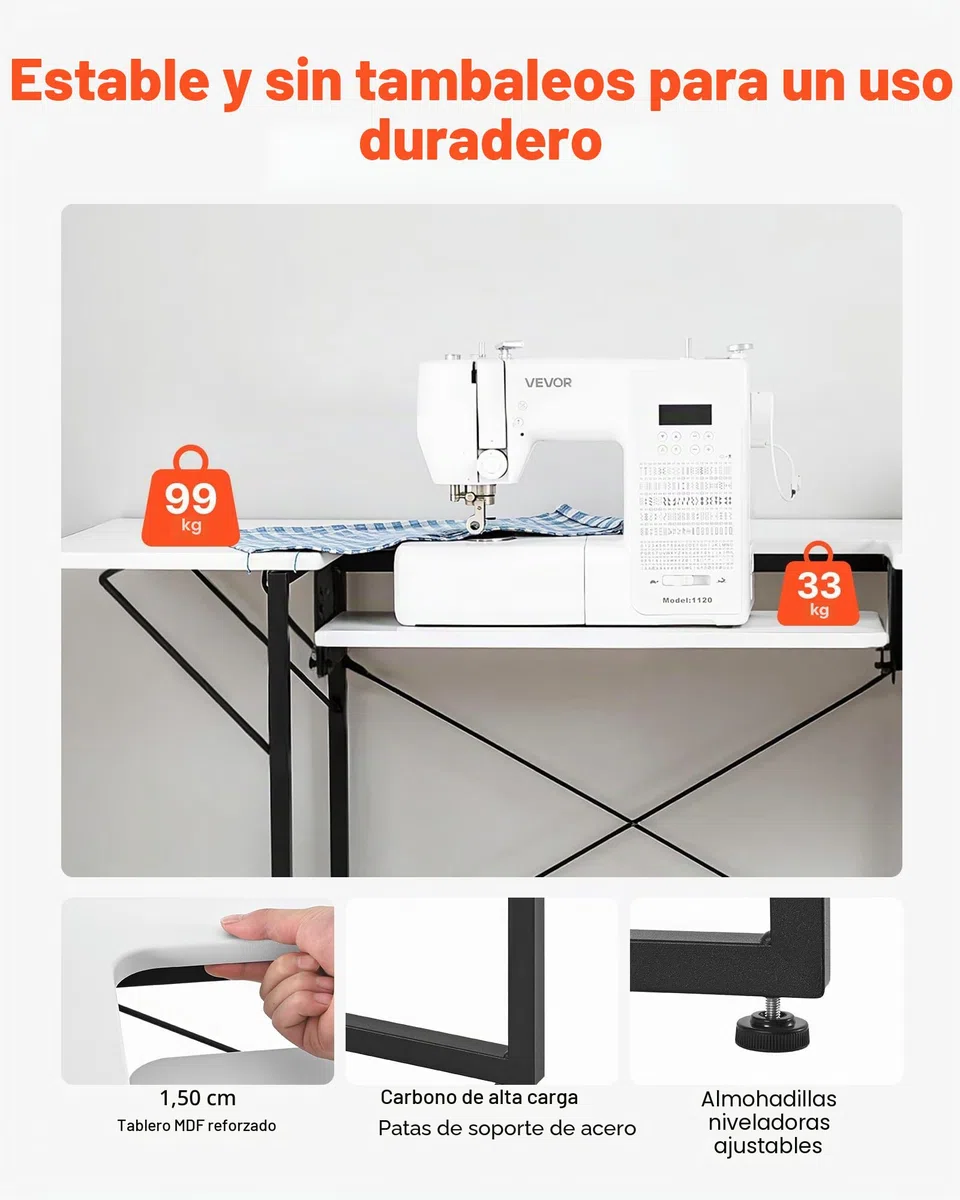 VEVOR Mesa de Costura con Tablero Plegable, Estante Ajustable y Patas de Acero, Multiusos, para Estudio de Moda en Casa, Estudio de Arte, Institución Educativa, Color Blanco, 1045 x 600 x 760 mm