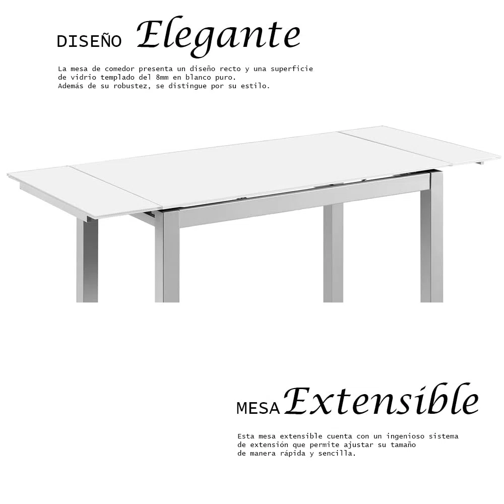 MOMMA HOME Mesa de Cocina o salón Extensible Moderna, CALCUTA, Color Blanco/Plata - Material Cristal Templado/Metal 100/140 x 60 x 76 cm