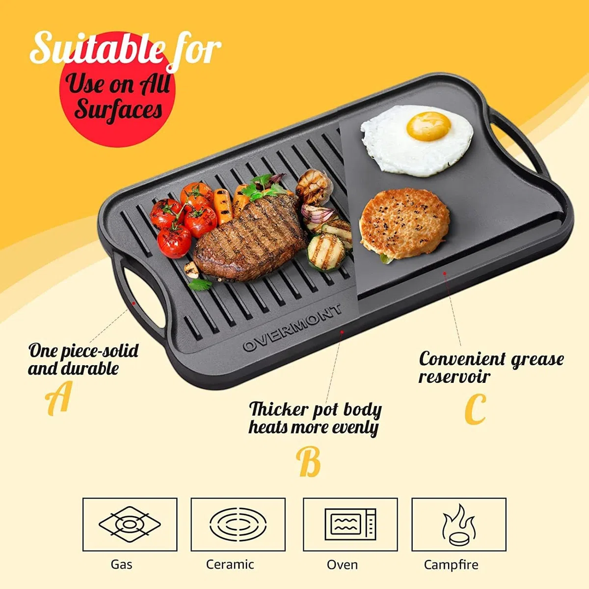 OVERMONT Parrilla reversible de hierro fundido pre-sazonado con asas para estufa de gas, horno de fuego abierto, 43,18 x 24,89 cm, una bandeja, raspadores incluidos