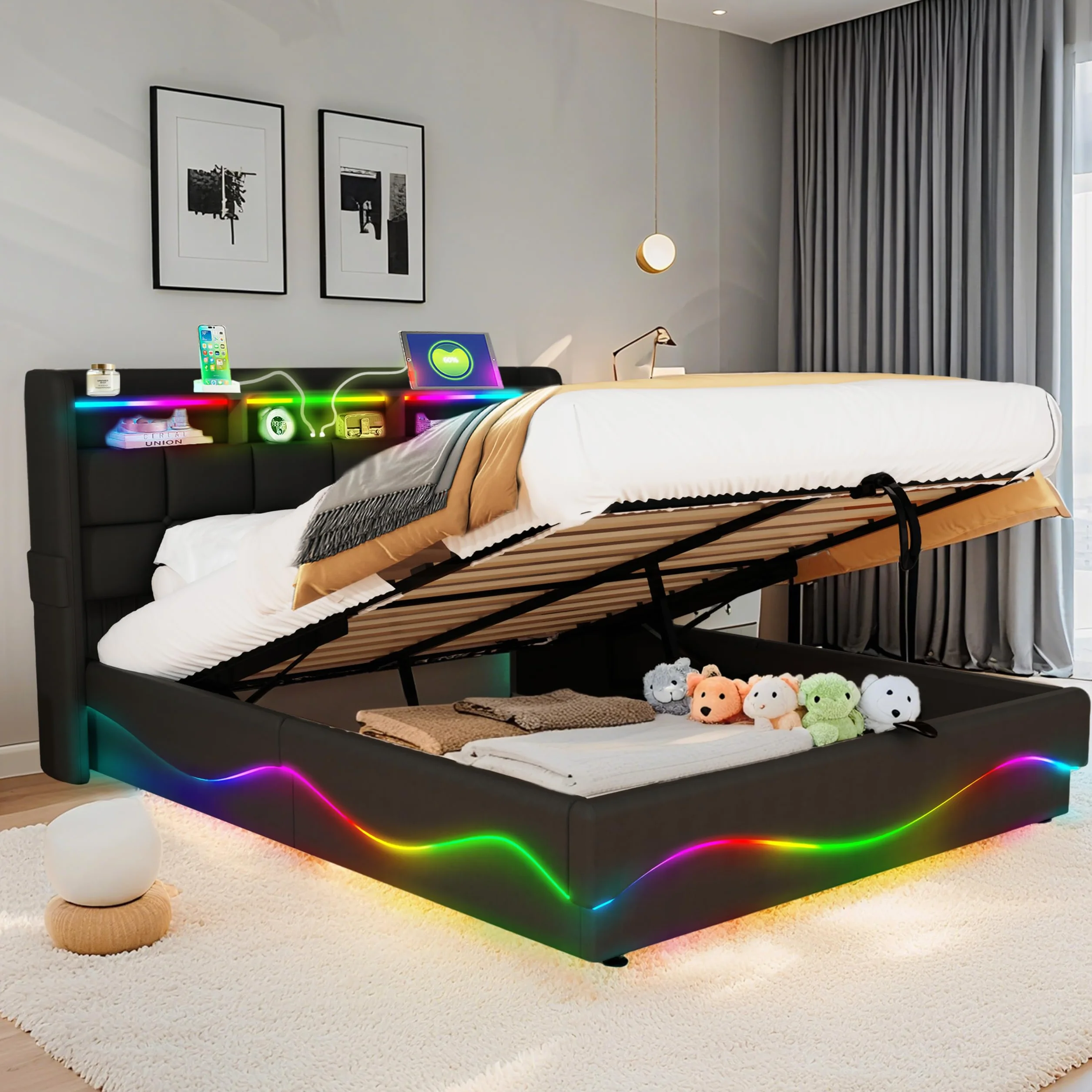 Cama de Almacenamiento Todo en Uno 140x200 cm con Luces LED, Estación de Carga USB/Type-C, Estantería para Cabecera y Gran Almacenamiento bajo la Cama, Cuero, Negro