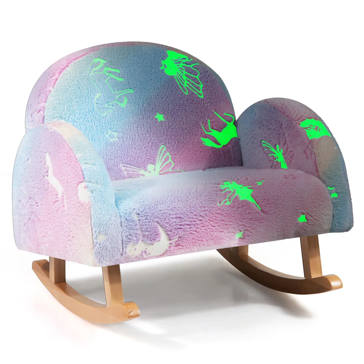 COSTWAY Silla Mecedora para Niños, Mecedora Infantil Acolchada de Franela con Patas de Madera de Álamo, Patrones Que Brillan en la Oscuridad, Respaldo Curvado, Sillón Cómodo para Dormitorio, Salon