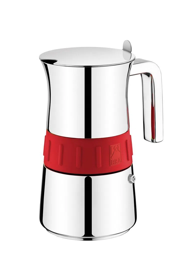 BRA Elegance | Cafetera Italiana, Acero Inoxidable, Gris y Rojo, 10 tazas