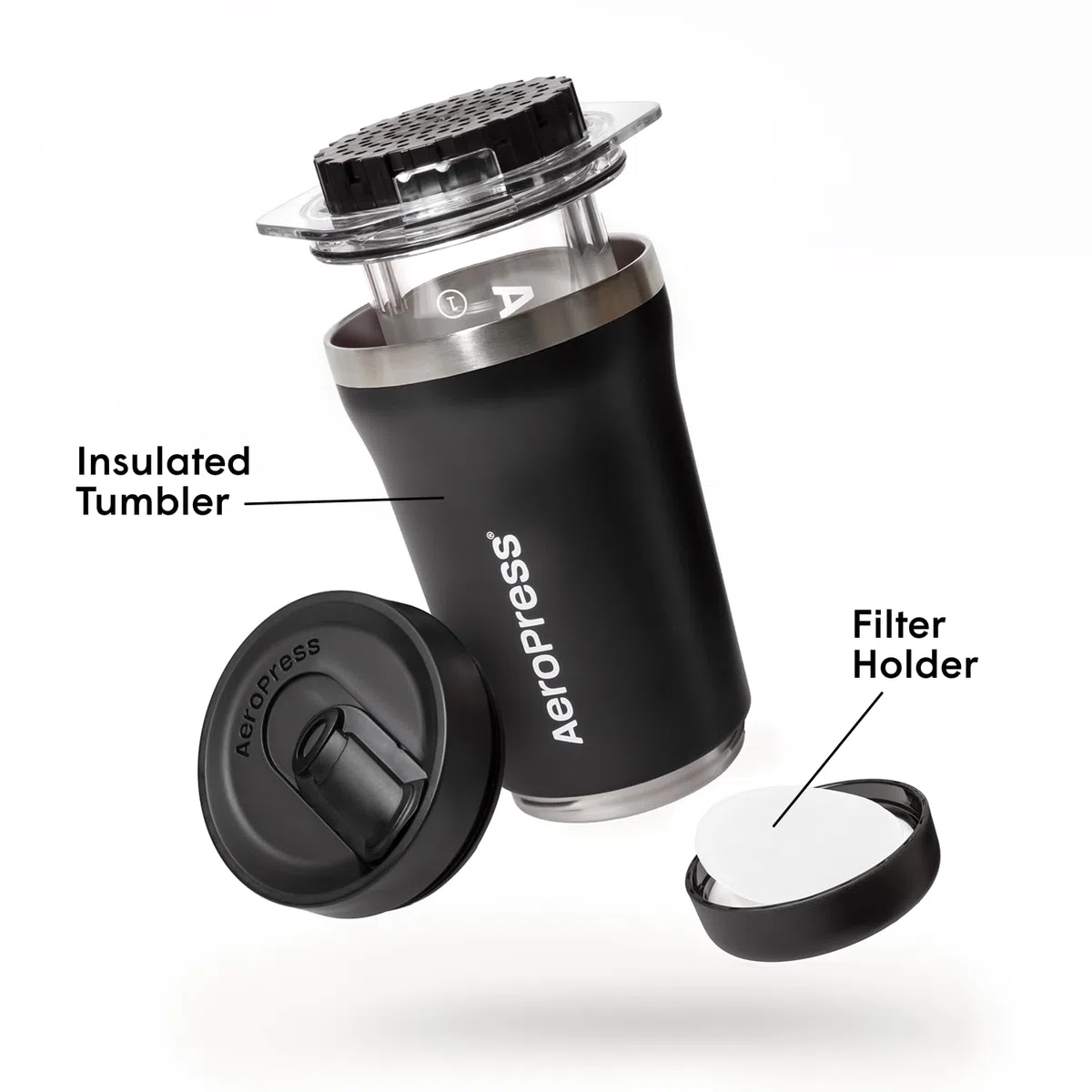 AeroPress Go Plus cafetera portátil pequeña, ideal para viajes, camping y oficina, prensa francesa todo en uno, cafetera manual estilo espresso y pour-over, preparación en 2 min, Negro