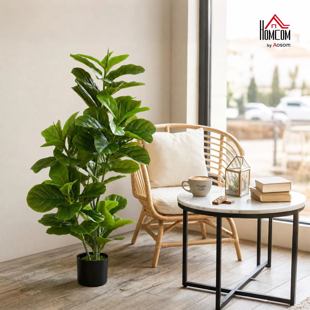 HOMCOM Planta Artificial Decorativa 110x15 cm Árbol Artificial de Ficus con 90 Hojas y Maceta para Interior Decoración para Sala de Estar Oficina Verde