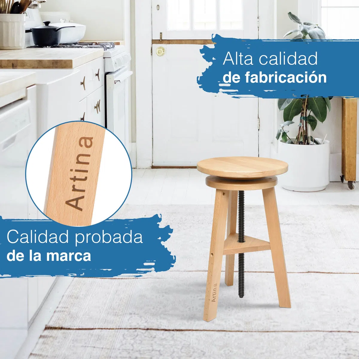 Artina Arles Taburete Redondo de Madera para Pintar – Taburete de Madera Ajustable en Altura, Taburete de Studio – Taburete de Taller con 3 piernas de Madera de Haya masiva – Taburete Giratorio