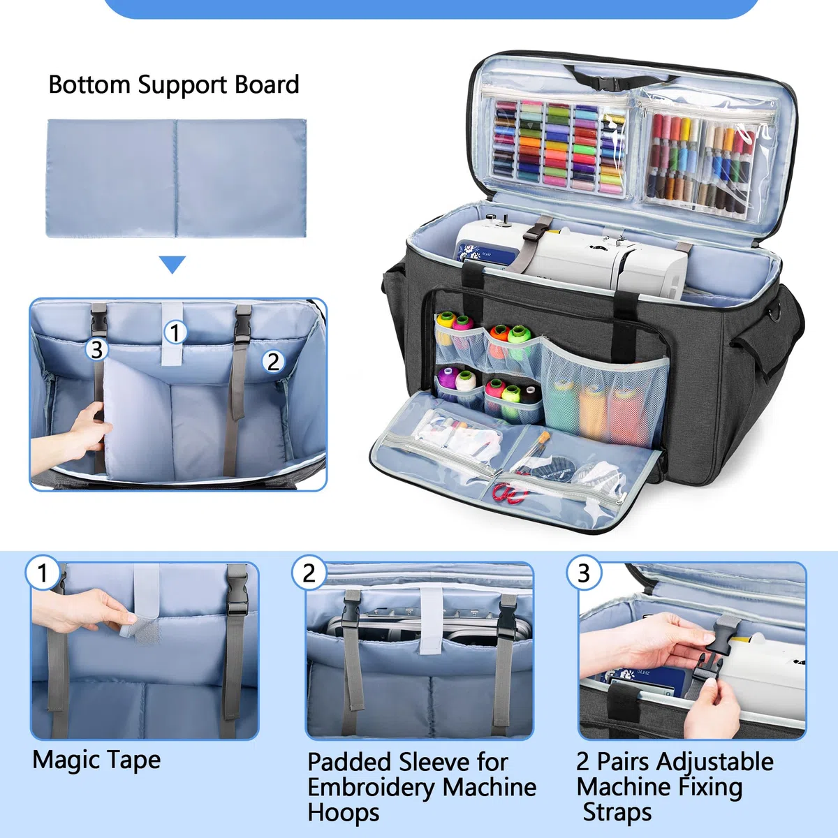 CURMIO Maleta de Transporte con Ruedas para Máquina de Bordar, Bolsa para Maquina de Coser con Tabla de Soporte Inferior y Bolsillos para Accesorios de Costura, Gris