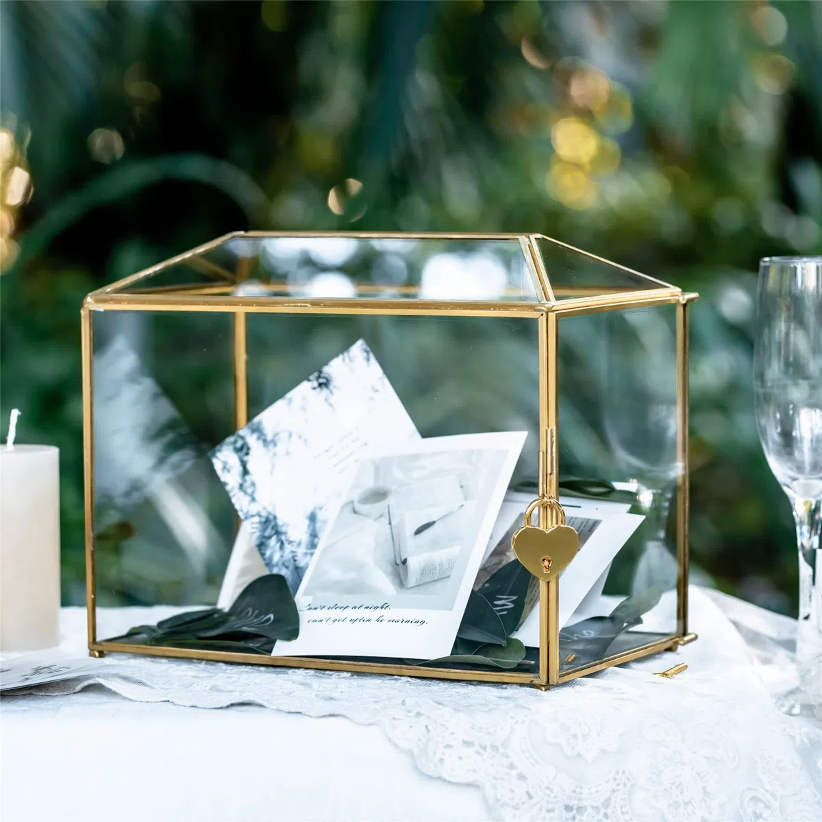 NCYP 26cm Oro Caja de tarjetas de boda con ranura y cerradura, geométrico hecho a mano para recepción de boda, centro de recuerdos (solo caja de vidrio y cerradura)