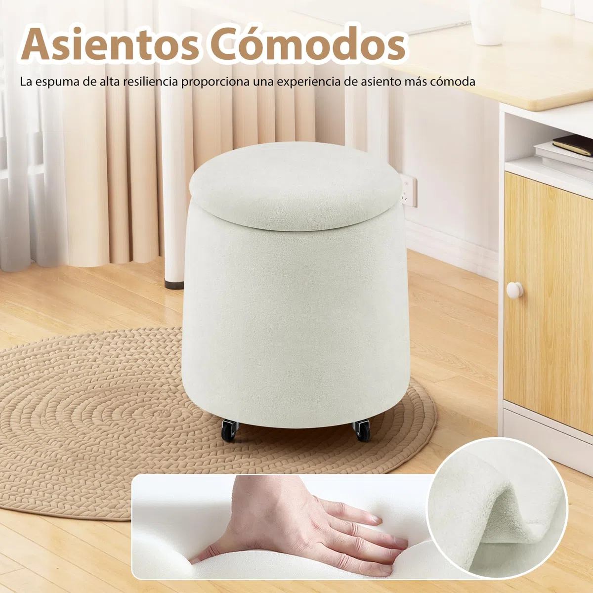 Hellove Puff Almacenaje Bouclé, Redondo Taburete Baúl con Tapa Reversible, Asiento Acolchado, Silla de Maquillaje con Ruedas Ø37 x 45cm para Salón, Dormitorio y Pasillo, Blanco Crema
