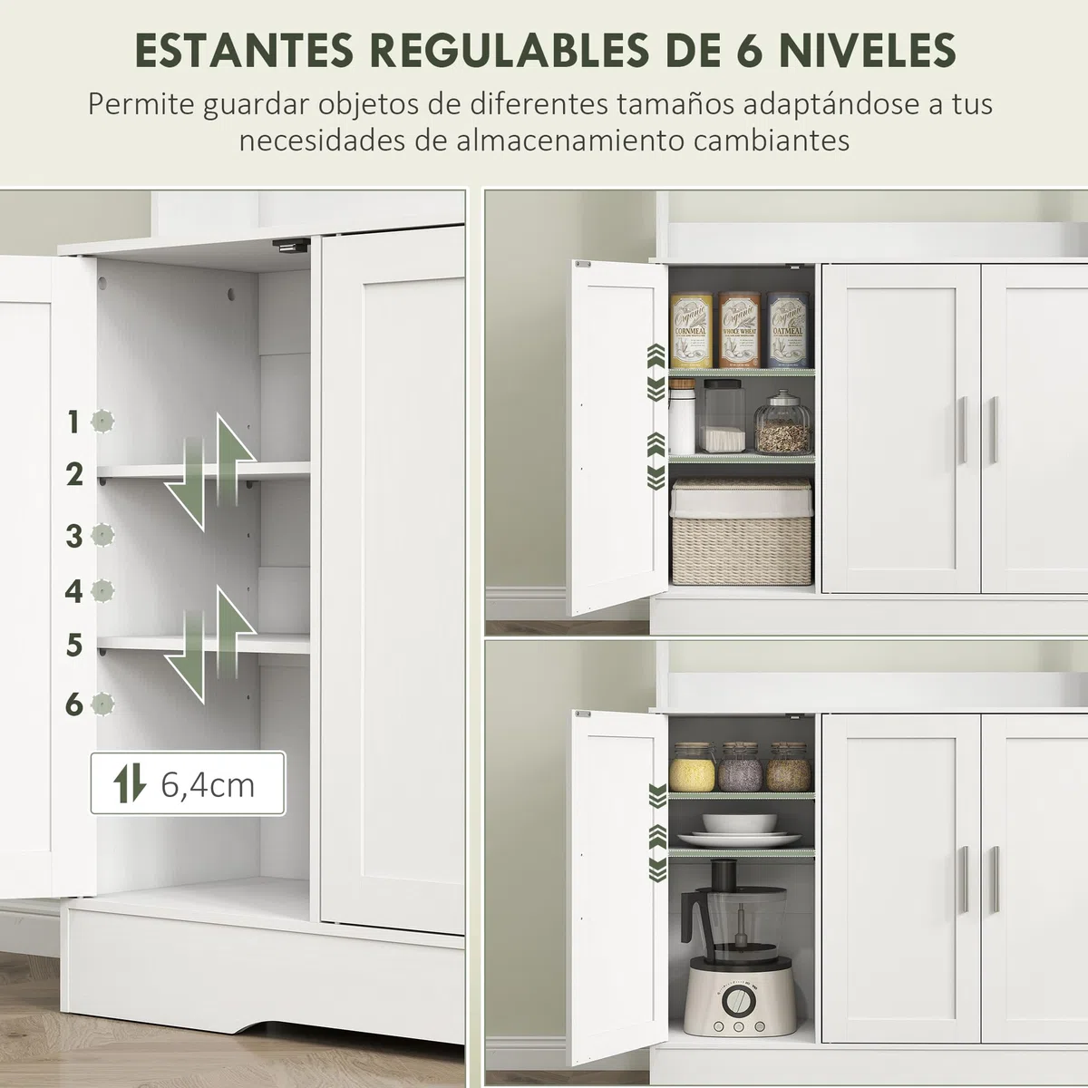 HOMCOM Alacena de Cocina, Mueble Auxiliar de Cocina con 2 Puertas de Vidrio, Encimera Amplia para Microondas, Compartimentos Abiertos, Estantes Ajustables, 108x35x180 cm, Blanco