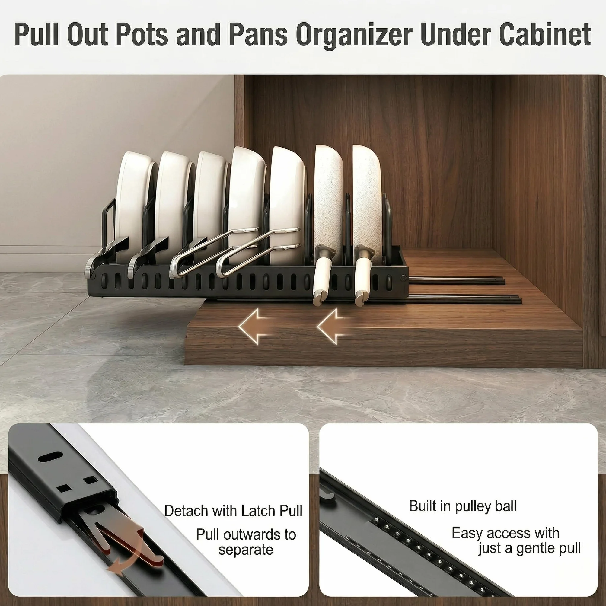2 Piezas Organizador Cocina Ollas y Sartenes, Deslizante Organizador Tapas Ollas con 8 Compartimentos Ajustable，Organizador Sartenes y Ollas Cajon，Soporte Sartenes，Negro