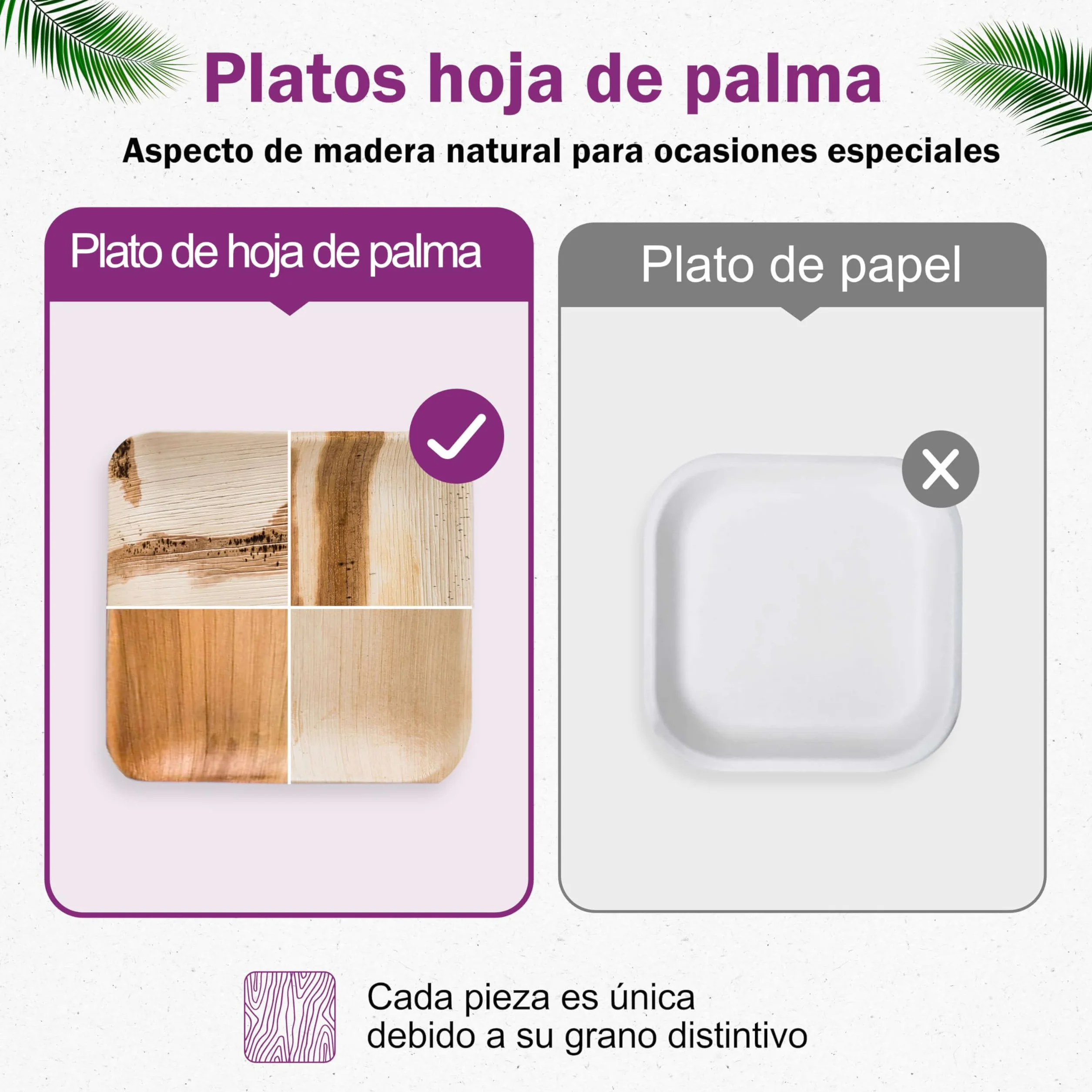 Platos Desechables de Hoja de Palma y Cubiertos de Madera - 25 Grandes y 25 de Postre, 50 Tenedores, 25 Cuchillos y 25 Cucharas - Vajilla Ecológica - Elegantes para Fiestas - similar al Bambu