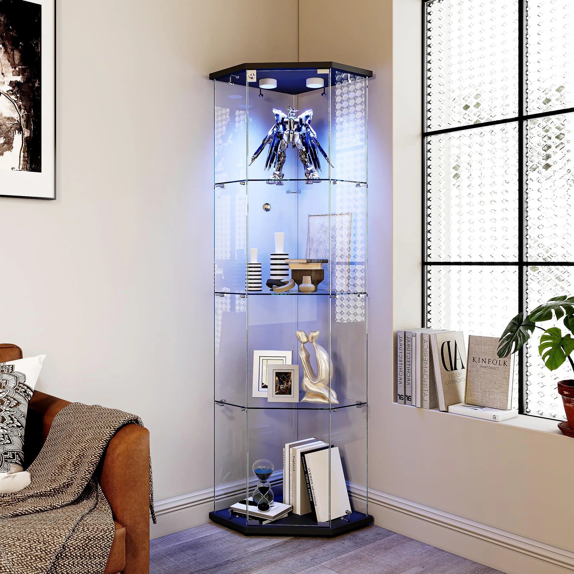 Vitrina De Cristal LED Para Colección Con 1 Puerta, Armario Esquina De 4 Capas Con Cerradura, Mueble Transparente Para Salón, Bar, Dormitorio, Oficina - Negro