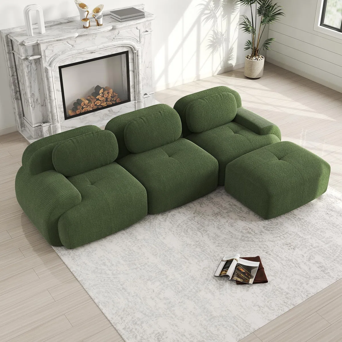 Bladez Sofá moderno de cuerda de 3 plazas Modular sofá esquinero en forma de L con puf Otomano, Sin montaje, sofá Cloud combinable, para salón (Verde, 3 plazas+1)
