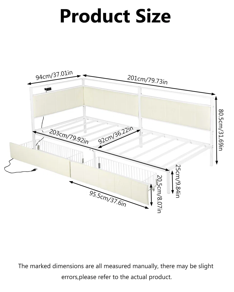 Cama para adolescentes, 90 x 200 cm, sofá cama, cama de día con almacenamiento, cama tapizada con cabecera acolchada, marco de cama de metal, blanco/beige, terciopelo