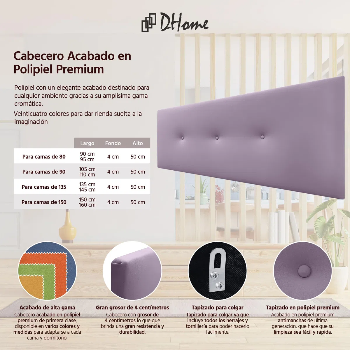 DHOME Cabecero de Polipiel o Tela Acualine Liso con Botones Tapizado de Alta Gama Cabezal Lujo Cama Dormitorio Moderno Acolchado (Polipiel Lila, 135x50cm (Camas 120/135/140))