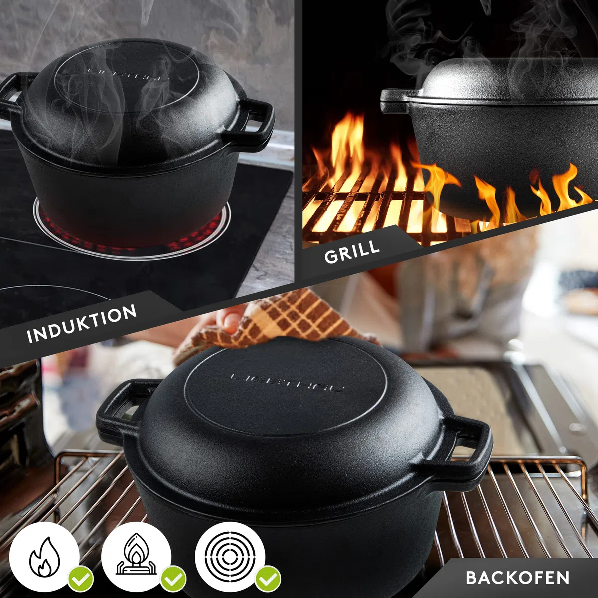 LIEBTHAL Olla de Hierro Fundido Con Tapa de 4,6 L, Sartén Robusta Para Hornear Pan, Freír y Guisar, Inserto de Silicona Antiadherente a Medida