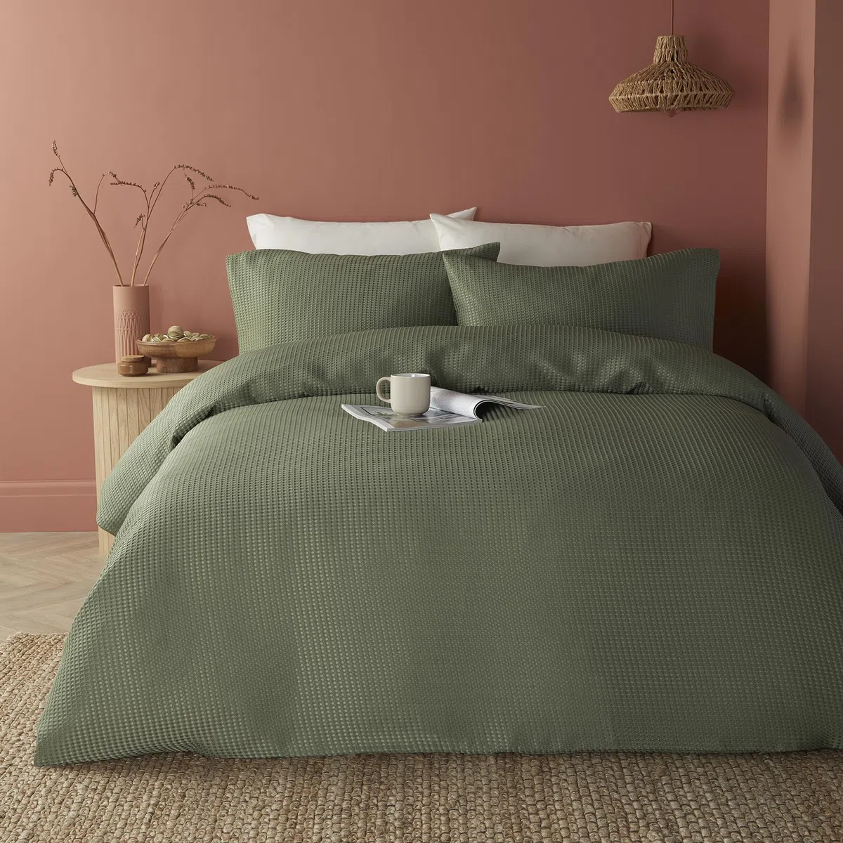 Serene Lindly Collection - Funda de edredón de Punto gofre Verde, tamaño de Cama Super King (260 x 220 cm), Suave al Tacto, Ropa de Cama de Lujo, Funda de edredón Texturizada con patrón de cuadrícula